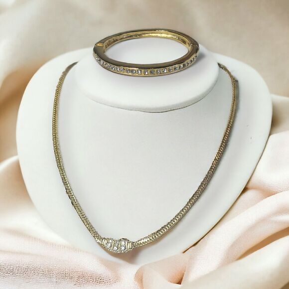 Set of Two 2 Gold Tone CZ Bracelet Necklace Set 16" NWT Made in Korea - Picture 1 of 7